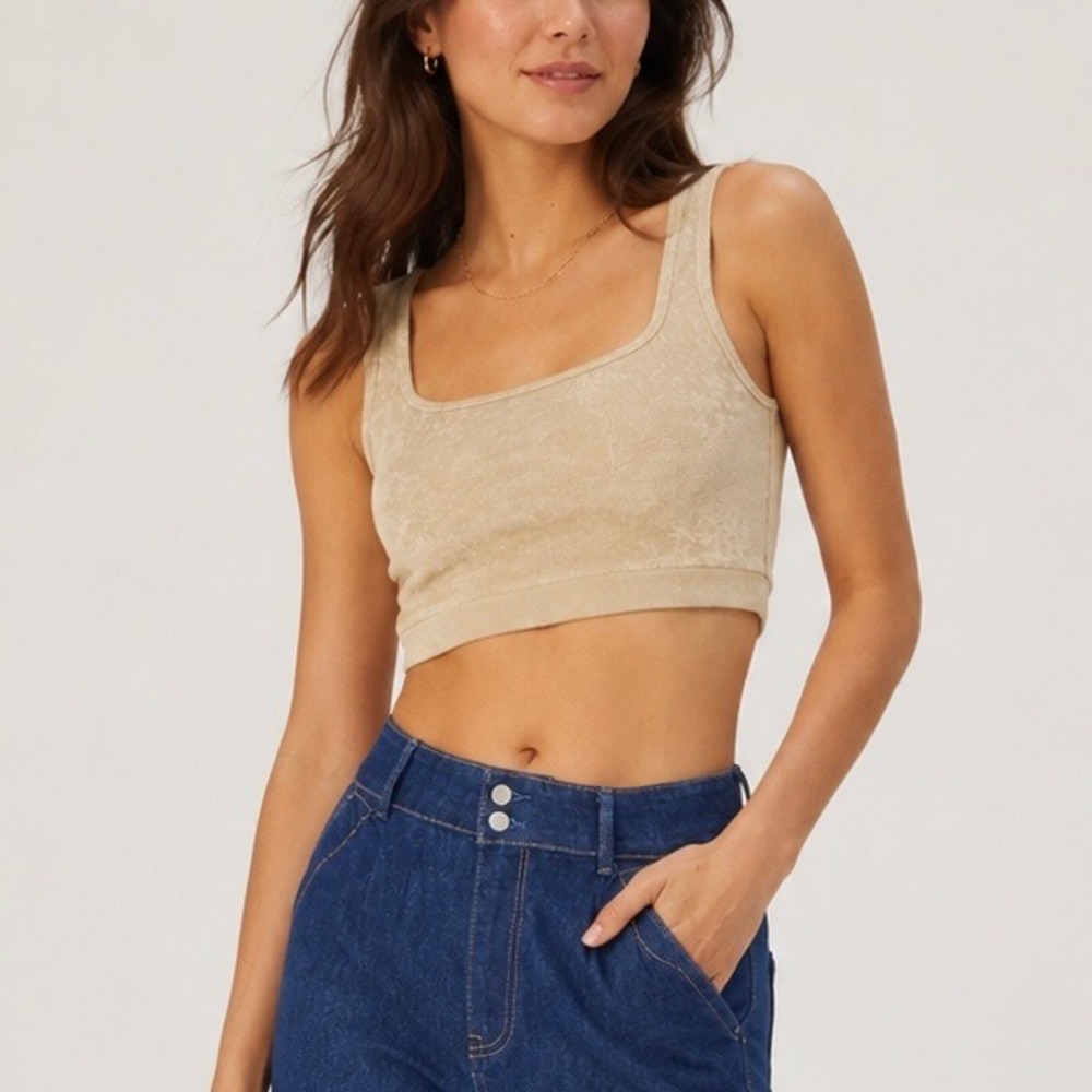 KULE‎ Zelda Crop Terry Velour Tank Women Medium Beige Lounge Cozy Soft Top
